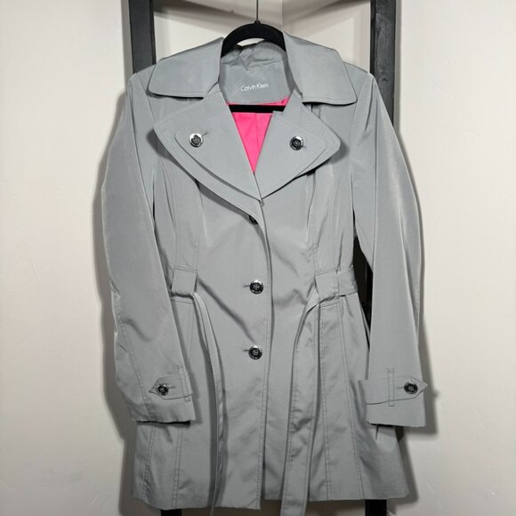 Calvin Klein Gray Trench Coat with Pink Lining – Belted Classic - Picture 2 of 9